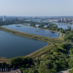 Drone photo looking north over the Walthamstow reservoirs