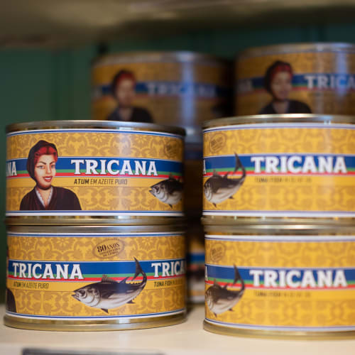 A macro photo of several cans of tuna stacked on a shelf. The cans have a vintage look and are labeled ‘Tricana’.