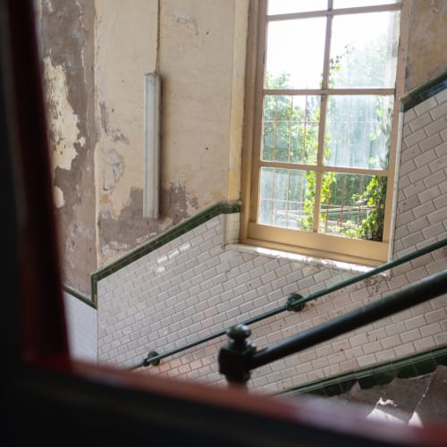 Looking out the window to the stairwell of the Monte Igueldo funicular station.