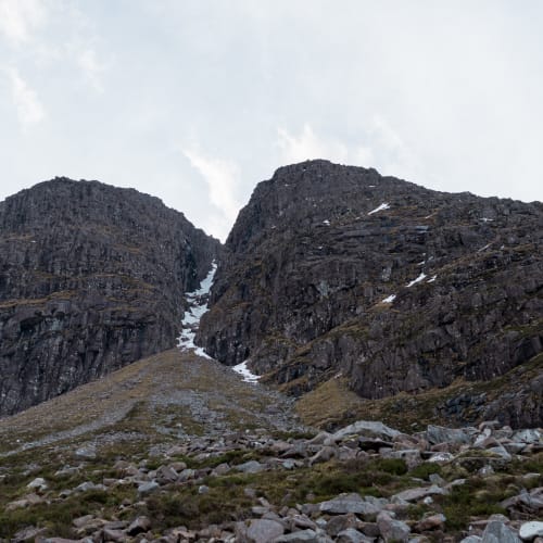 Looking up at Morrison’s gully in Beinn Eighe from below.