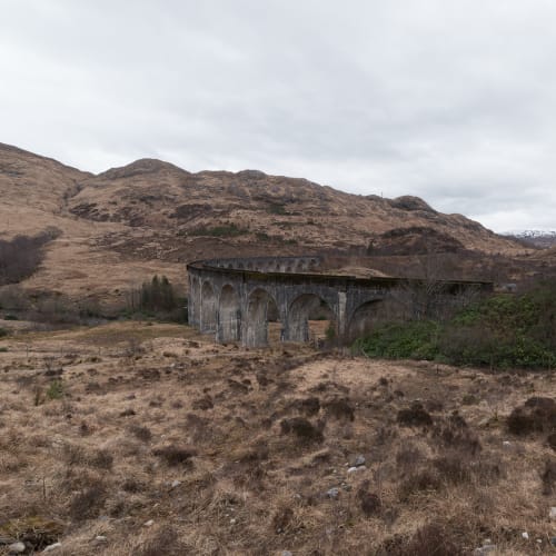 The Glenfinnan viaduct seen from the side.
