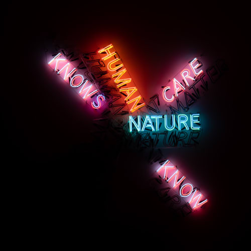 A large neon sculpture comprised of multiple overlaid words. Only some words are lit up.