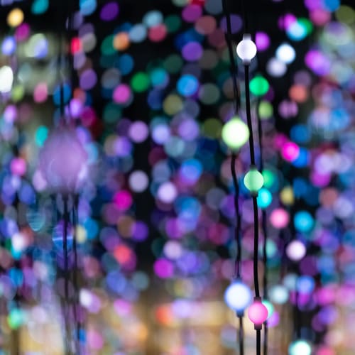 A lighting installation with thousands of coloured lights. The room is filled with strings of round ball-shaped lights hung from the ceiling. The image is focussed on as ingle strand with three ball lights visible - and many thousands of coloured lights blurred behind.