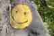 A yellow circle painted on a rock, with a smiling face in the middle.