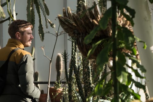 Several cactus in the foreground and background, with James looking outwards on the left hand side.