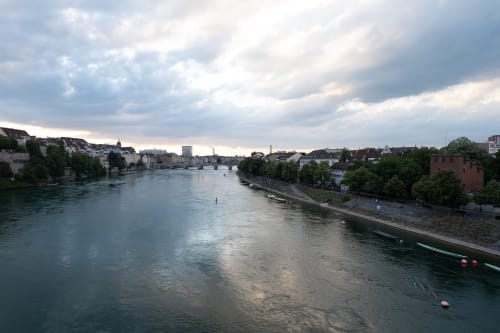 A panorama of the Rhine taken from the middle of a bridge.