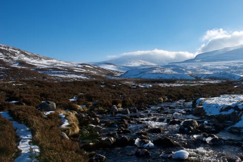 A small stream in a sunny valley landscape. There’s patches of snow on the right bank.