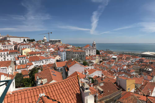 A panorama of the neighbourhood of Alfama from a viewpoint. There’s a large cruise ship in the see directly in front.