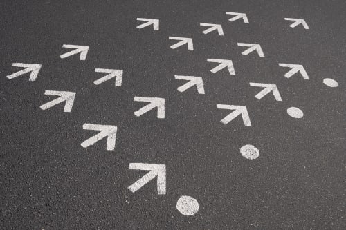 18 small white arrows are painted on a stretch of tarmac. They all point the same way.