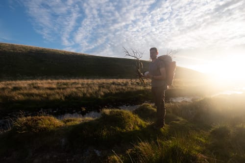 A hiker stands still looking at the camera holding bunches of sticks in each hand. He’s lit from behind by golden sunlight.
