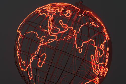 A model globe made from red neon tubes.