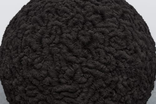 A large black sphere in the corner of a white room. The sphere has a complex detailed texture. The texture is made from iron filings attracted to the sphere.