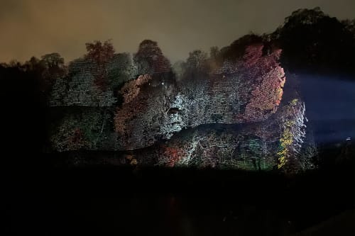 A projector projects repeating patterns on to the trees on a far riverbank.