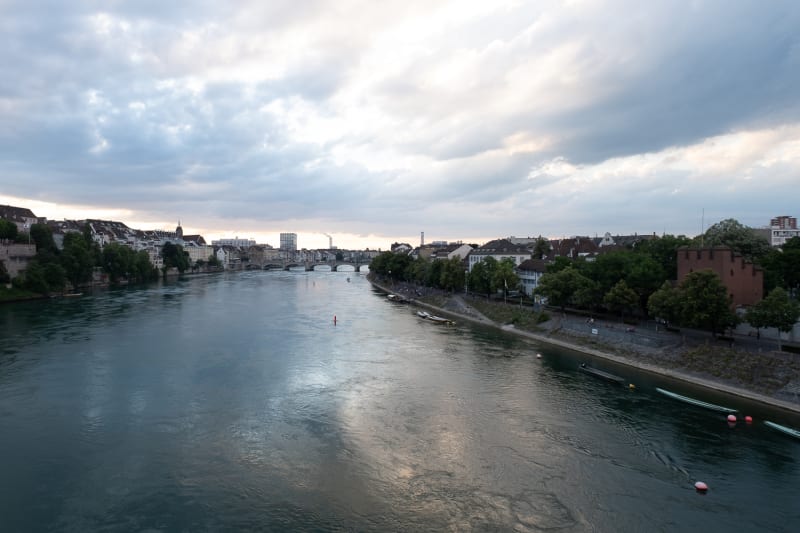 A panorama of the Rhine taken from the middle of a bridge.