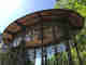 Looking up at an ornate bandstand roof. The bandstand is oval in shape and the upper walls have stained glass.