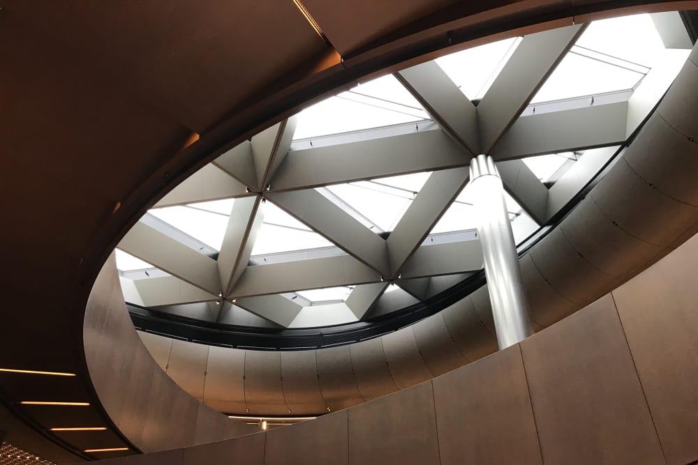 The ceiling in the Bloomberg building. There’s a staircase curving around it.