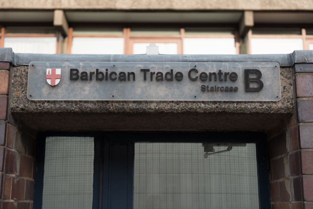 A photo of a sign that reads ‘Barbican Trade Centre B’