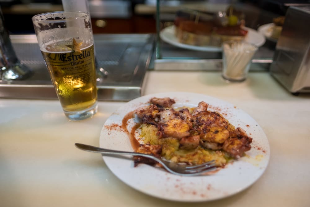 A photo of an octopus dish served at El Xampanyet.