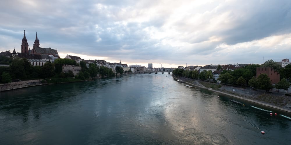 A panorama of the Rhine taken from the middle of a bridge.