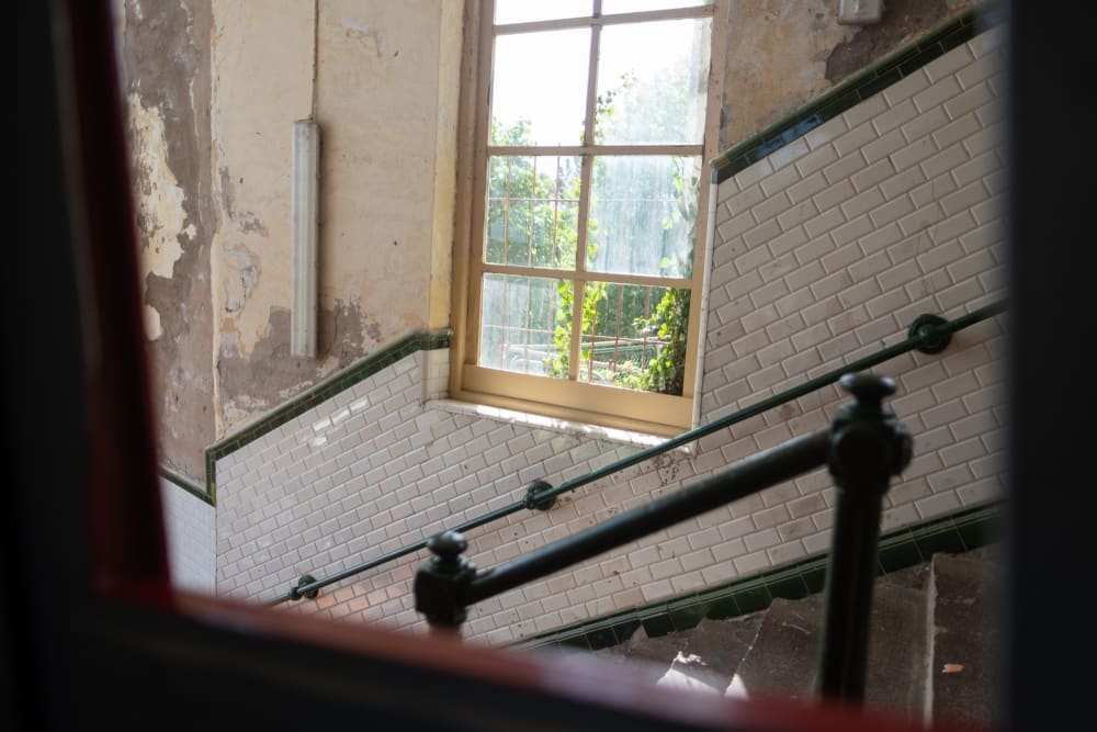 Looking out the window to the stairwell of the Monte Igueldo funicular station.