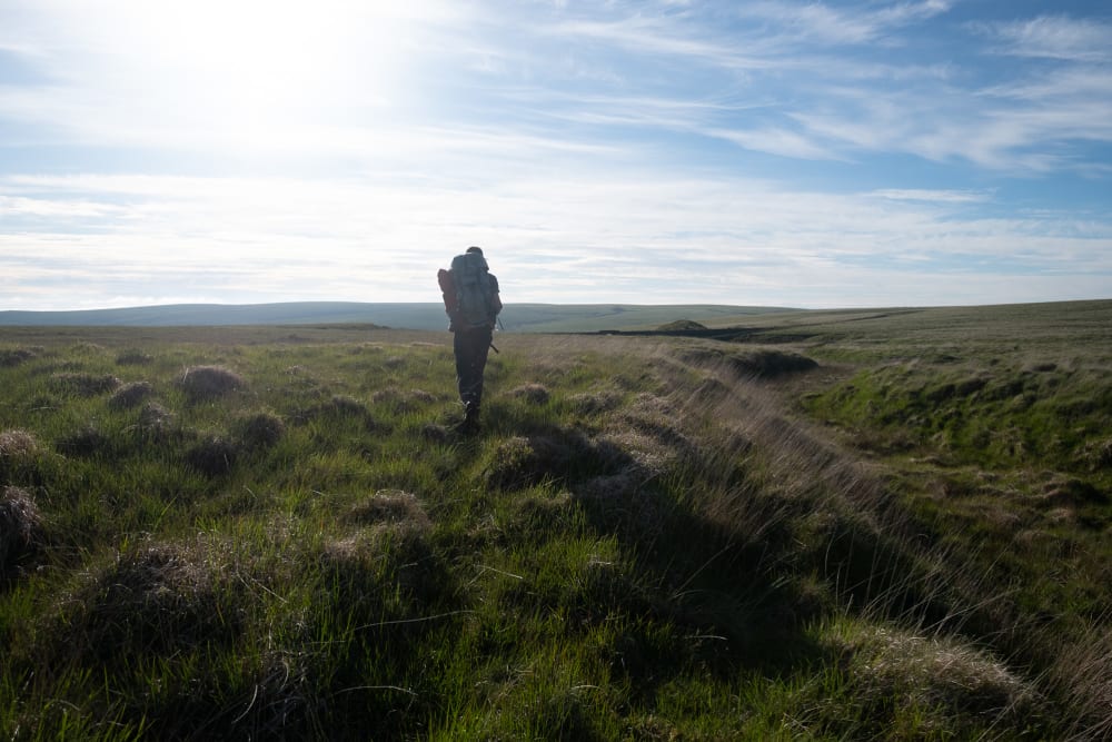 A hiker walks ahead of the camera silhouetted by afternoon sun ahead. There’s tufty grass all around and no clear path.