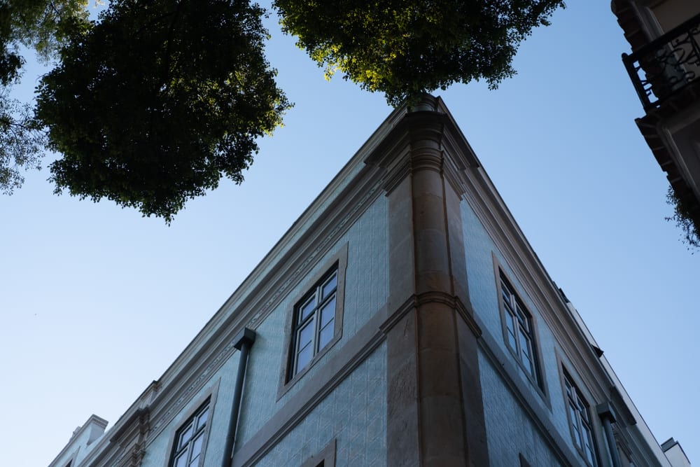 Looking up a the corner of the roof of an angled building in late evening light.