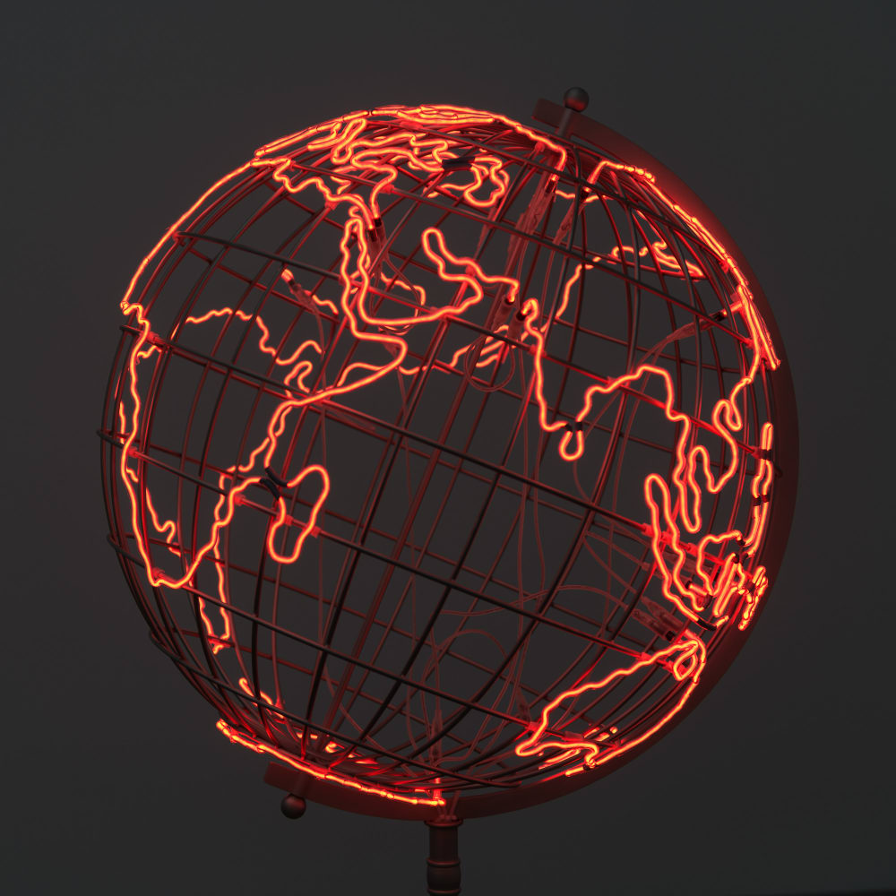 A model globe made from red neon tubes.