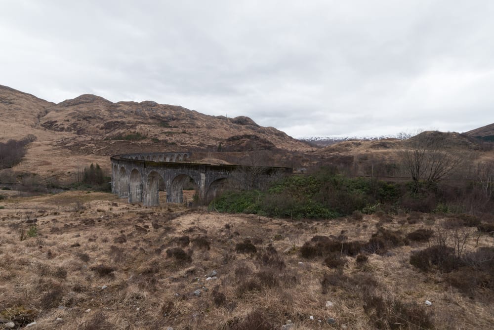 The Glenfinnan viaduct seen from the side.