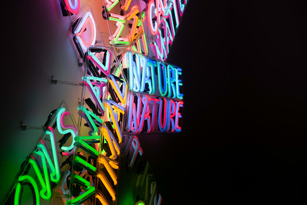 A large neon sculpture comprised of multiple overlaid words. The photo is taken from the side.