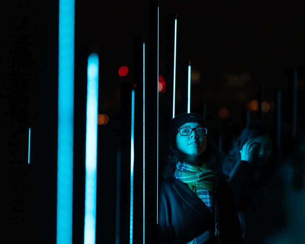 A lighting installation with multiple vertical thin bars of blue light receding in to the distance. A woman is stood near to one with her back to the bars, but looking up at them - her face is illuminated in blue light.