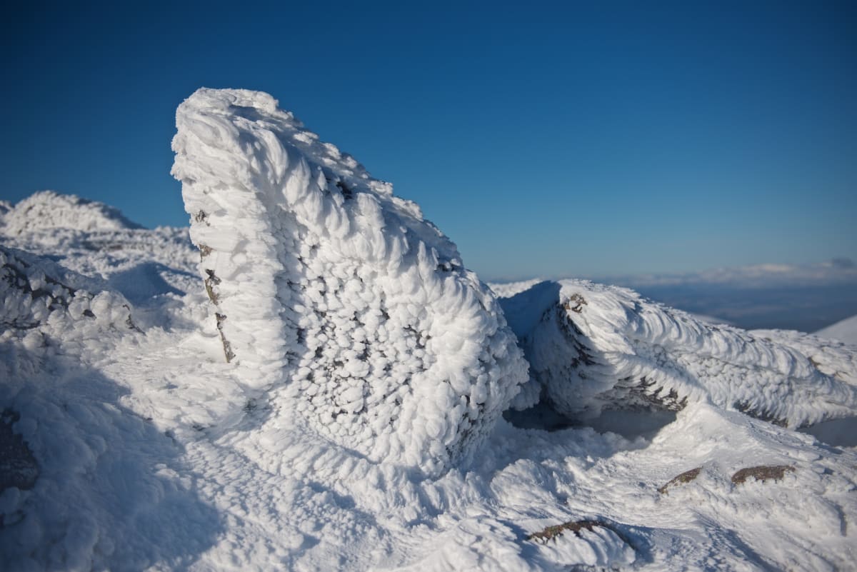 Close photo of rime on rocks at the top of a snowy mountain.