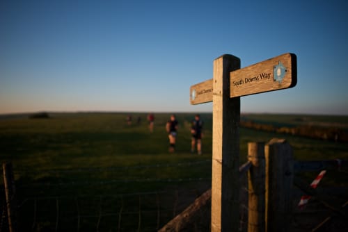 A wooden sign points the way along the South Downs way in late afternoon sunlight.