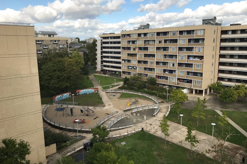 Looking down on the central courtyard of Priory Green estate.