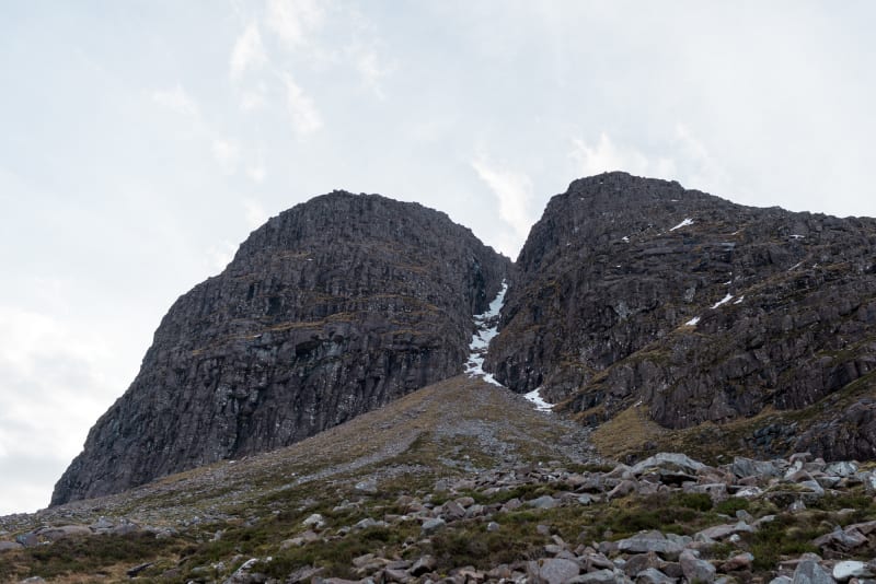 Looking up at Morrison’s gully in Beinn Eighe from below.
