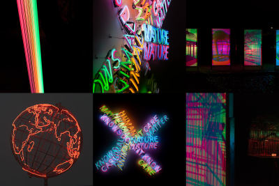 A grid of 6 images in a 3 by 2 layout. From left to right, top to bottom, the images are:
Image 1: A photo of the artwork Spectral. Many strands of brightly neon coloured cord all run in the same direction, closely spaced.
Image 2: A large neon sculpture comprised of multiple overlaid words. The photo is taken from the side.
Image 3: Four vertical panels are side by side in the dark. They’re light from behind with bright neon colours, projected with shadows of birdcages.
Image 4: A model globe made from red neon tubes.
Image 5: A large neon sculpture comprised of multiple overlaid words. All parts are lit up.
Image 6: A birdcage is hung outside at night with bright green and red leds just behind it. In the foreground the shadows and light are projected on a screen.