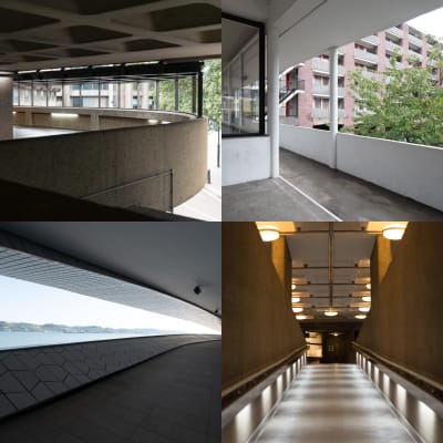 A grid of 4 images in a 2 by 2 layout. From left to right, top to bottom, the images are:
Image 1: The side of a curved covered walkway in the Barbican.
Image 2: A shot under a covered walkway in the Golden Lane estate.
Image 3: A photo taken from the exterior walkway of the new Maat gallery. On the right is the glass exterior wall of the gallery with the letters ‘maat’ visible in large white text. On the left the Tagus river and shore of Porto Brandão can be seen through a long cut away in the walkway.
Image 4: Looking along a walkway in the Barbican.