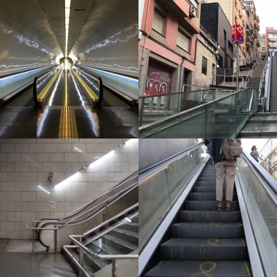 A grid of 4 images in a 2 by 2 layout. From left to right, top to bottom, the images are:
Image 1: A photo looking down a long corridor with two moving walkways on either side.
Image 2: A photo looking up a steep street / alley in Barcelona. There’s an open-air escalator in the middle and steps either side.
Image 3: A photo of the base of an escalator in a metro train station.
Image 4: Photo looking up an escalator in to a bright sunny day. There’s someone on the escalator ahead.