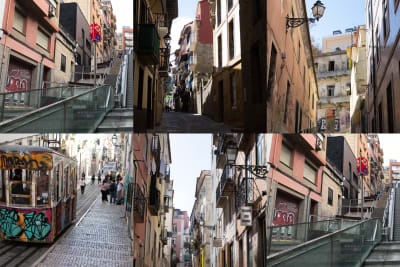 A grid of 6 images in a 3 by 2 layout. From left to right, top to bottom, the images are:
Image 1: A photo looking up a steep street / alley in Barcelona. There’s an open-air escalator in the middle and steps either side.
Image 2: A narrow street in Getaria, with sunlight on one side.
Image 3: Looking up an alleyway. The foreground is dark and in shadow, but the background is brightly lit by sun. The alley ends with a light coloured building covered in graffiti.
Image 4: A funicular car descending a steep street in bright sunlight.
Image 5: Looking up a narrow street in bright sunlight.
Image 6: A photo looking up a steep street / alley in Barcelona. There’s an open-air escalator in the middle and steps either side.
