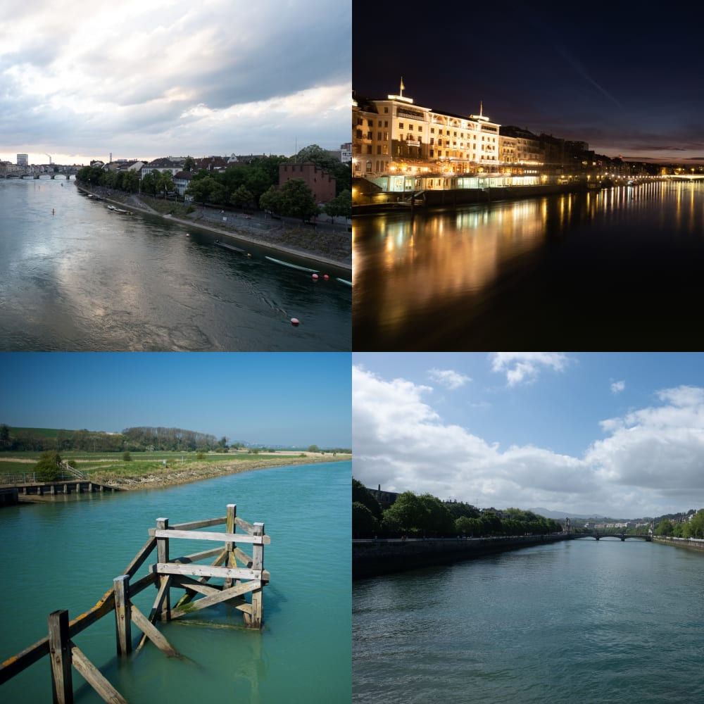 A grid of 4 images in a 2 by 2 layout. From left to right, top to bottom, the images are:
Image 1: A panorama of the Rhine taken from the middle of a bridge.
Image 2: A panorama taken from a bridge over the Rhine at nighttime. There are buildings in the distance lit up and lights reflected in the water.
Image 3: Looking down a greenish-blue river, with rotting wooden posts in the foreground.
Image 4: Looking directly down the Urumea river to the next bridge. There’s lots of green trees on each side of the bank, and the water is calm.