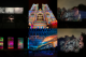 A grid of 6 images in a 3 by 2 layout. From left to right, top to bottom, the images are:
Image 1: Five projectors in a dark room project black and white photos on to a wall.
Image 2: A photo of the front of Westminster Abbey at night. The entire front is lit up in bright pastel colours.
Image 3: A projector projects repeating patterns on to the trees on a far riverbank.
Image 4: Four vertical panels are side by side in the dark. They’re light from behind with bright neon colours, projected with shadows of birdcages.
Image 5: A photo looking straight down the covered Beech Street. The photo is dark, with a projection of a solar system on the ceiling.
Image 6: A projector projects repeating patterns on to the trees on a far riverbank.