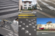 A grid of 6 images in a 3 by 2 layout. From left to right, top to bottom, the images are:
Image 1: Cracked white markings on tarmac. They’re in a regular grid pattern with arrows at one end.
Image 2: A photo of a zebra crossing in Basel.
Image 3: A photo of tram tracks and painted white stripes on a stretch of road.
Image 4: Looking down to a street intersection.
Image 5: 18 small white arrows are painted on a stretch of tarmac. They all point the same way.
Image 6: Looking across to the other side of a street in Getaria. In the central divider there is a red rowing boat.