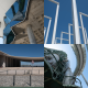 A grid of 4 images in a 2 by 2 layout. From left to right, top to bottom, the images are:
Image 1: Looking up at a series of angled windows from a lookout.
Image 2: White steel beams in the shape of rectangles 50′ tall are spaced regularly 20′ appart. The camera looks up from the corner at the regular white grid this makes against the blue sky.
Image 3: Looking straight-on to the Portugal pavilion. The pavilion has a large suspended roof that curves gently downwards in the centre.
Image 4: Looking directly up the Torre Galp from just inside the structure. The structure is painted in a light green-blue colour and made of many steel beams. On the right a walkway arcs around the frame.