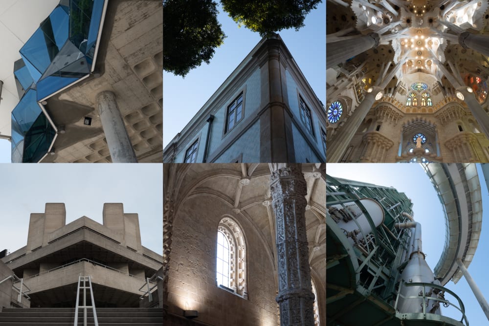 A grid of 6 images in a 3 by 2 layout. From left to right, top to bottom, the images are:
Image 1: Looking up at a series of angled windows from a lookout.
Image 2: Looking up a the corner of the roof of an angled building in late evening light.
Image 3: Looking towards the ceiling of the main atrium of la Sagrada Família. The very top of the ceiling is especially bright from many small lights.
Image 4: Looking up at one of the entrances to the National Theatre. The photo is symmetrical - the corner leads to a stairwell at 45º, and the camera is at the bottom of the stairs.
Image 5: Looking up at the interior of the ceiling in the Jerónimos monastery.
Image 6: Looking directly up the Torre Galp from just inside the structure. The structure is painted in a light green-blue colour and made of many steel beams. On the right a walkway arcs around the frame.