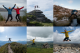 A grid of 6 images in a 3 by 2 layout. From left to right, top to bottom, the images are:
Image 1: Ed and Chris jumping in the air. The photo is an animation between two frames taken inches apart, giving the pair a 3d quality.
Image 2: Two people at the top of a tor are jumping in the air.
Image 3: Ed Horsford mid leap whilst crossing a small stream.
Image 4: Oj in the air, mid jump. He’s high up on a mountainside in the bright sun.
Image 5: Ed jumping in mid-air. He’s facing sideways.
Image 6: Ed jumping in the air on the summit of Scafell Pike.