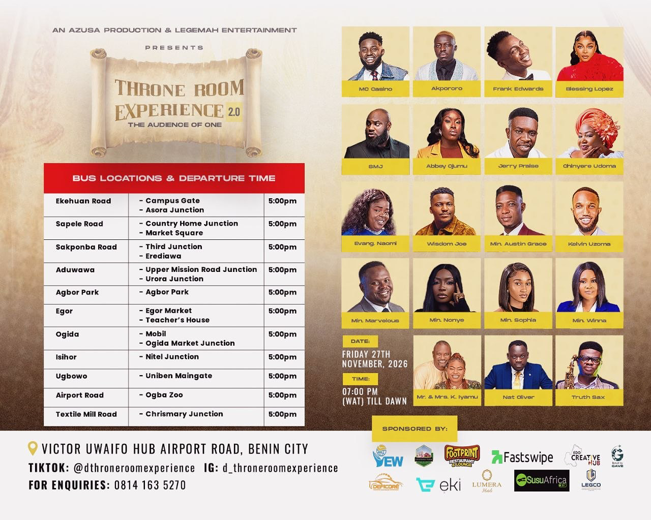 THRONE ROOM EXPERIENCE 2.0 — Fri, 27 Nov 2026 in Victor Uwaifo Creative Hub