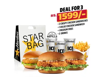 Deal for 3 (1 Chicken Fillet 1 Crispy Chicken Sandwich 1 regular fries 2 regular drinks)