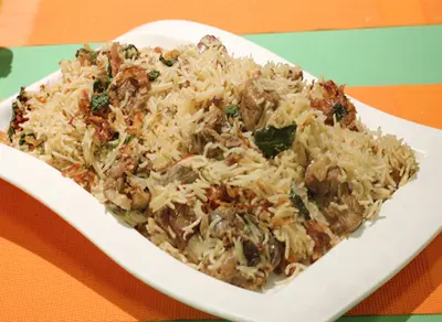 Small pulao with beef shami, raita & salad