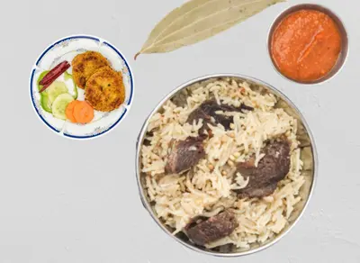 Large beef pulao, 2 shami, raita & salad