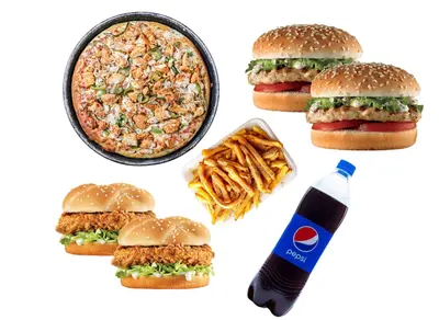 Large Pizza, 2 Zinger Burgers, 2 Chicken Burgers, Large Fries & 1.5...