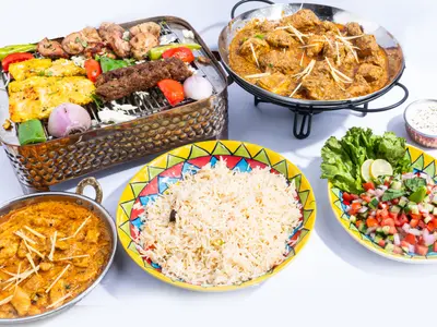 Murgh Malai Tikra, Mutton Seekh Kabao, Grilled Rahu, Masala Rice